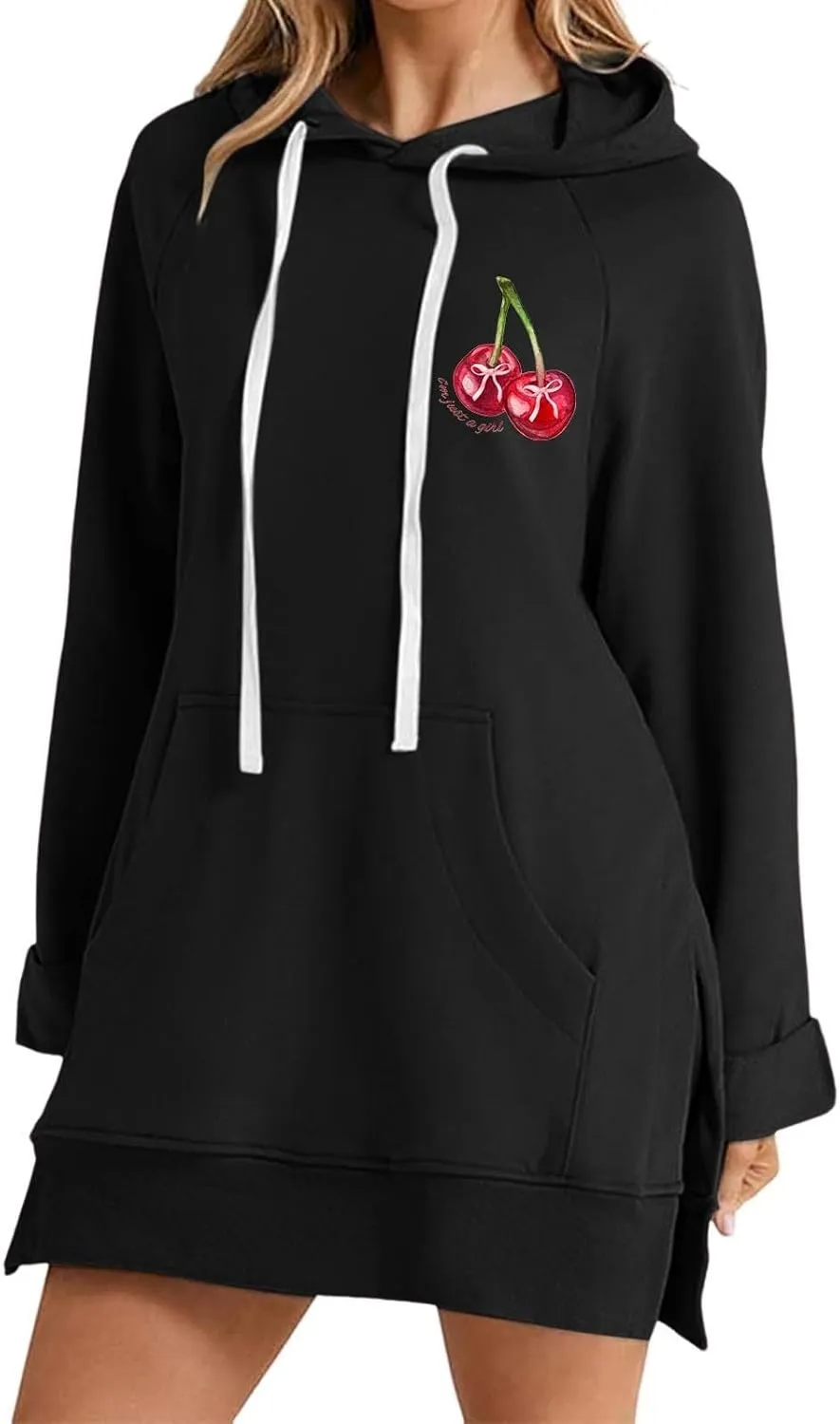 The Warmy Oversized Hoodie Dress Women Casual Cherry Print Long Sleeve Warmy Hoodie Split Hem Hoodies with Pocket