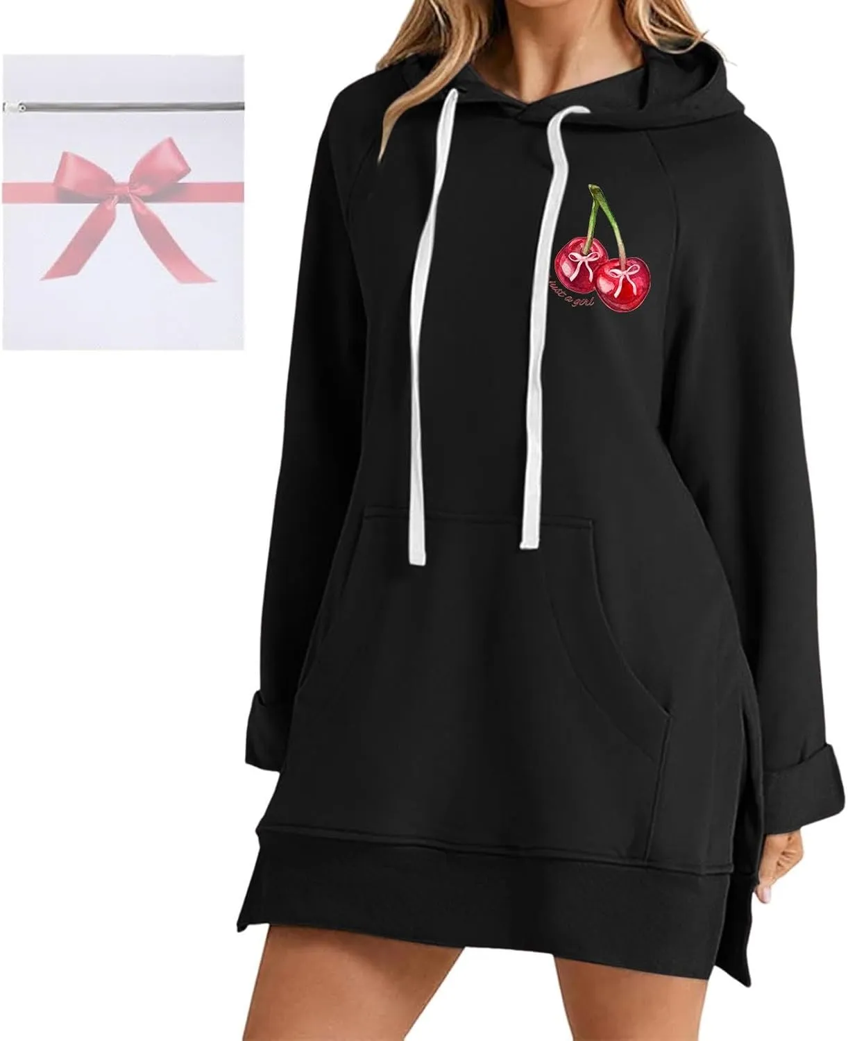 The Warmy Oversized Hoodie Dress Women Casual Cherry Print Long Sleeve Warmy Hoodie Split Hem Hoodies with Pocket