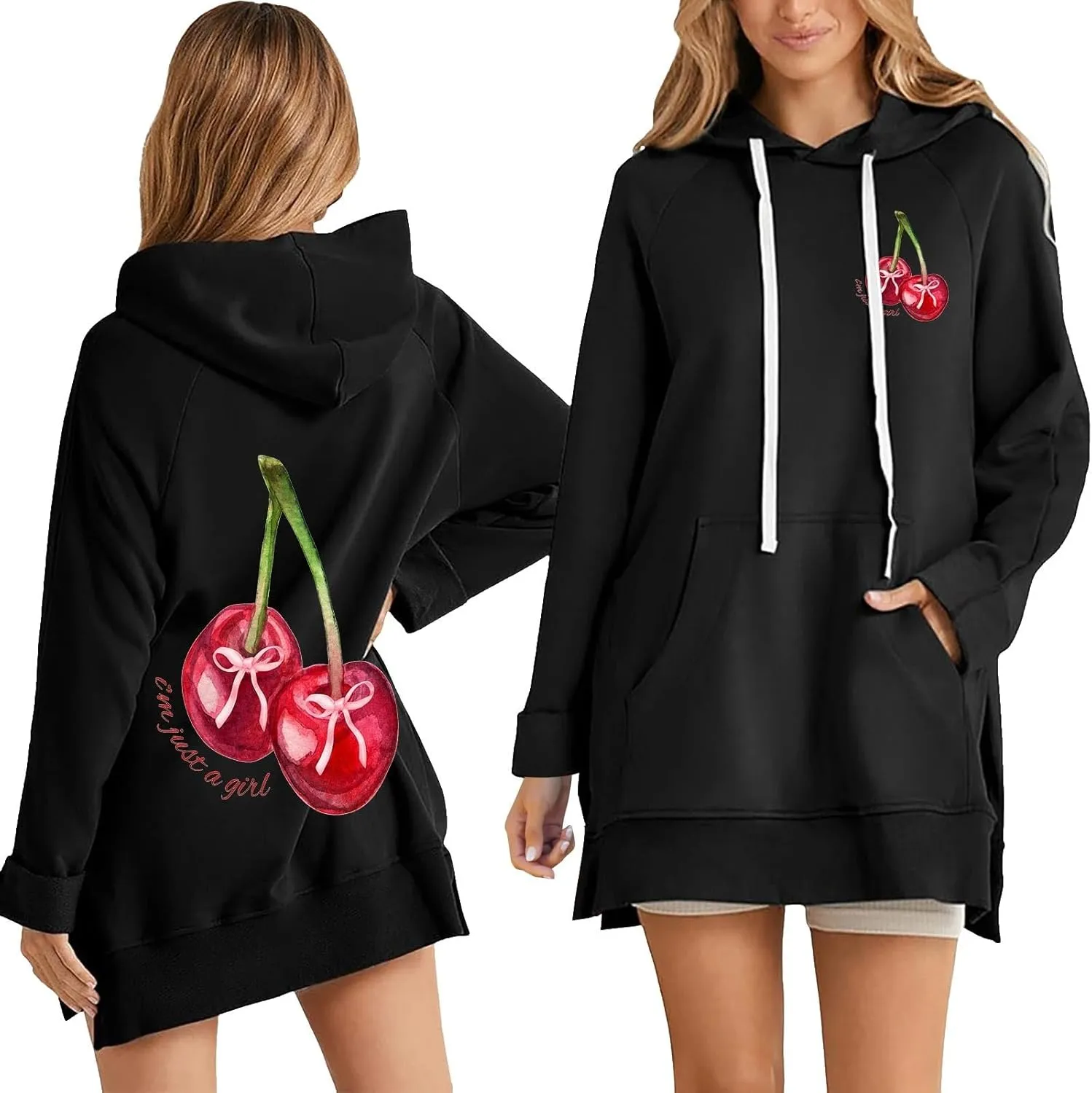 The Warmy Oversized Hoodie Dress Women Casual Cherry Print Long Sleeve Warmy Hoodie Split Hem Hoodies with Pocket