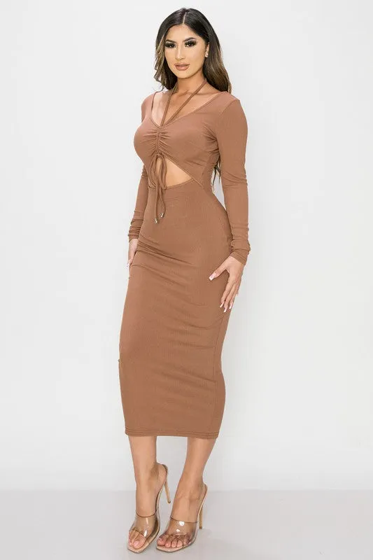 TRENDY FRONT SHIRRING CUT-OUT LONG SLEEVED DRESS