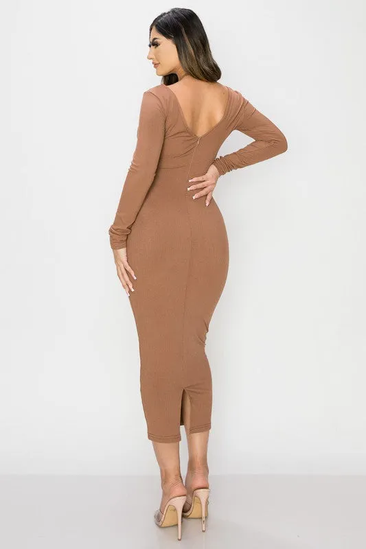 TRENDY FRONT SHIRRING CUT-OUT LONG SLEEVED DRESS