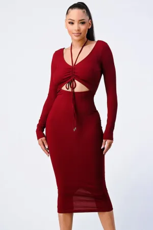 TRENDY FRONT SHIRRING CUT-OUT LONG SLEEVED DRESS