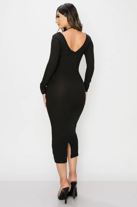 TRENDY FRONT SHIRRING CUT-OUT LONG SLEEVED DRESS