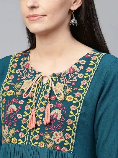 Trendy Green Viscose Rayon Embroidered Dress For Women