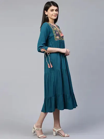 Trendy Green Viscose Rayon Embroidered Dress For Women