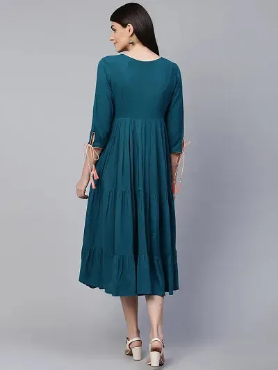 Trendy Green Viscose Rayon Embroidered Dress For Women
