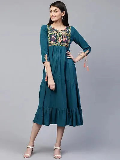 Trendy Green Viscose Rayon Embroidered Dress For Women
