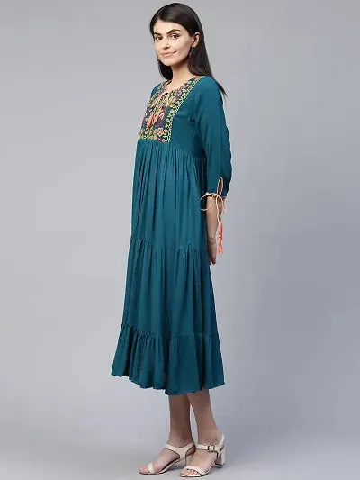 Trendy Green Viscose Rayon Embroidered Dress For Women