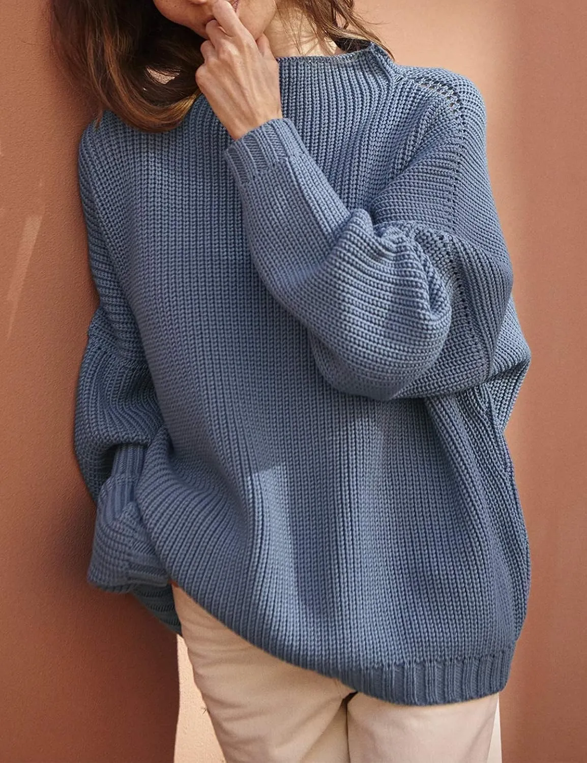Ugerlov Women's Oversized Sweaters Batwing Sleeve Mock Neck Jumper Tops Chunky Knit Pullover Sweater
