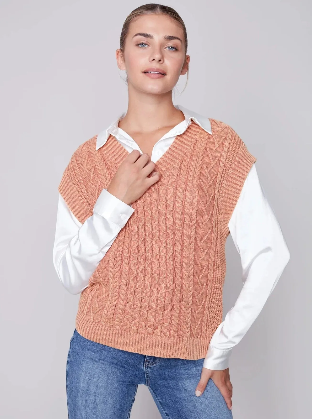 V Neck Cable Knit Sleeveless Vest [Cider-C2527]