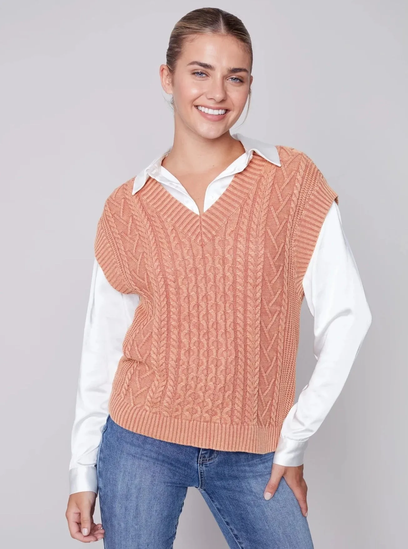 V Neck Cable Knit Sleeveless Vest [Cider-C2527]