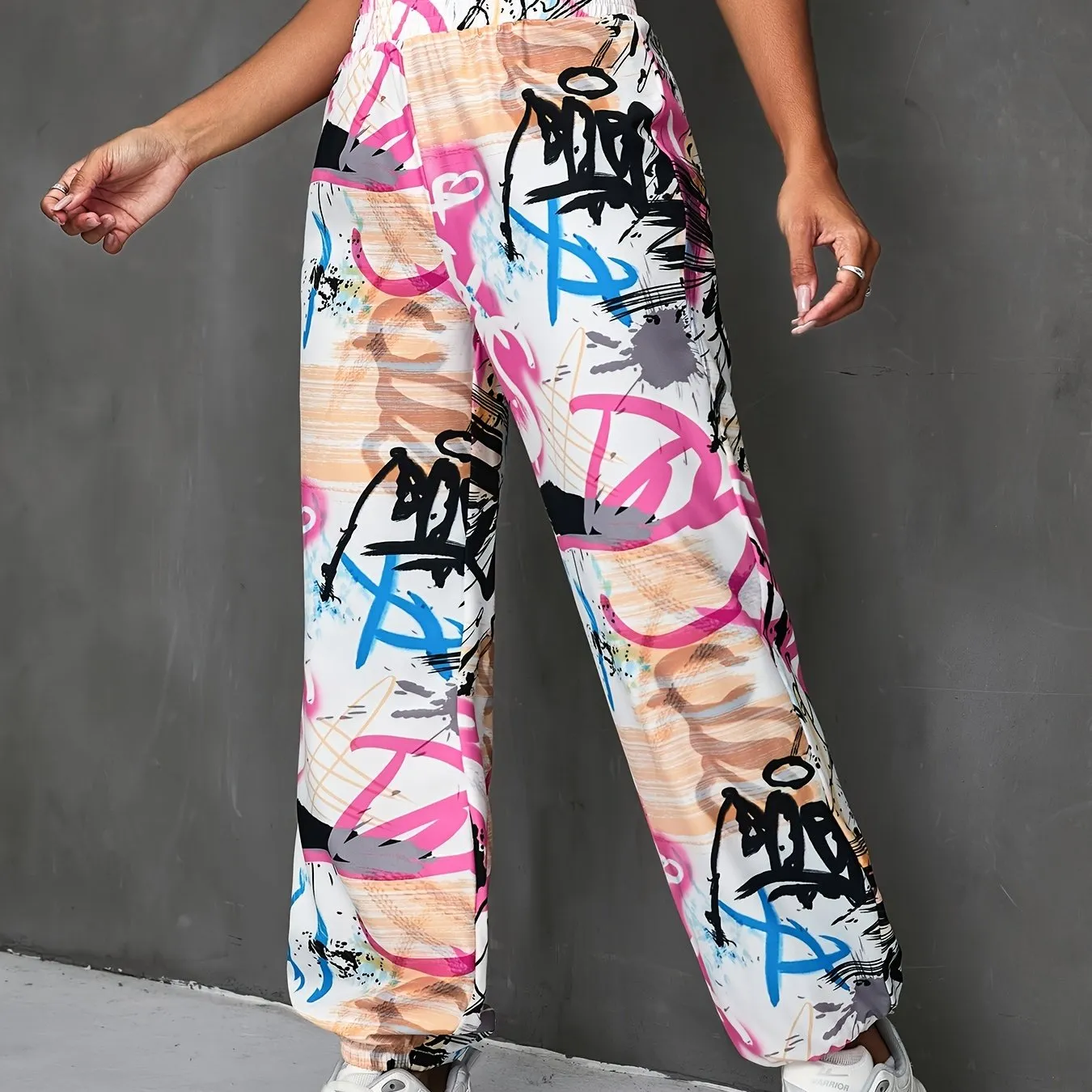 Vibrant Graffiti Print High-Waist Jogger Pants - Women's Casual Pants for Spring & Summer - Comfortable, Versatile, and Stylish Fashion Essentials