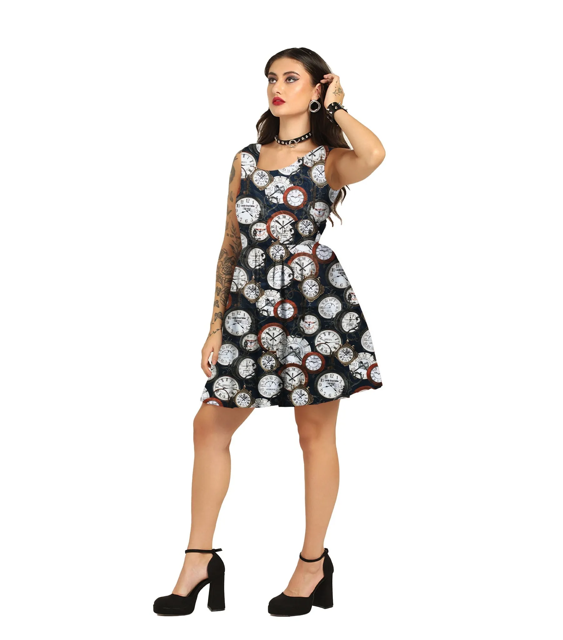 Watch Printed Charm - Trendy Pleated Cotton Dress