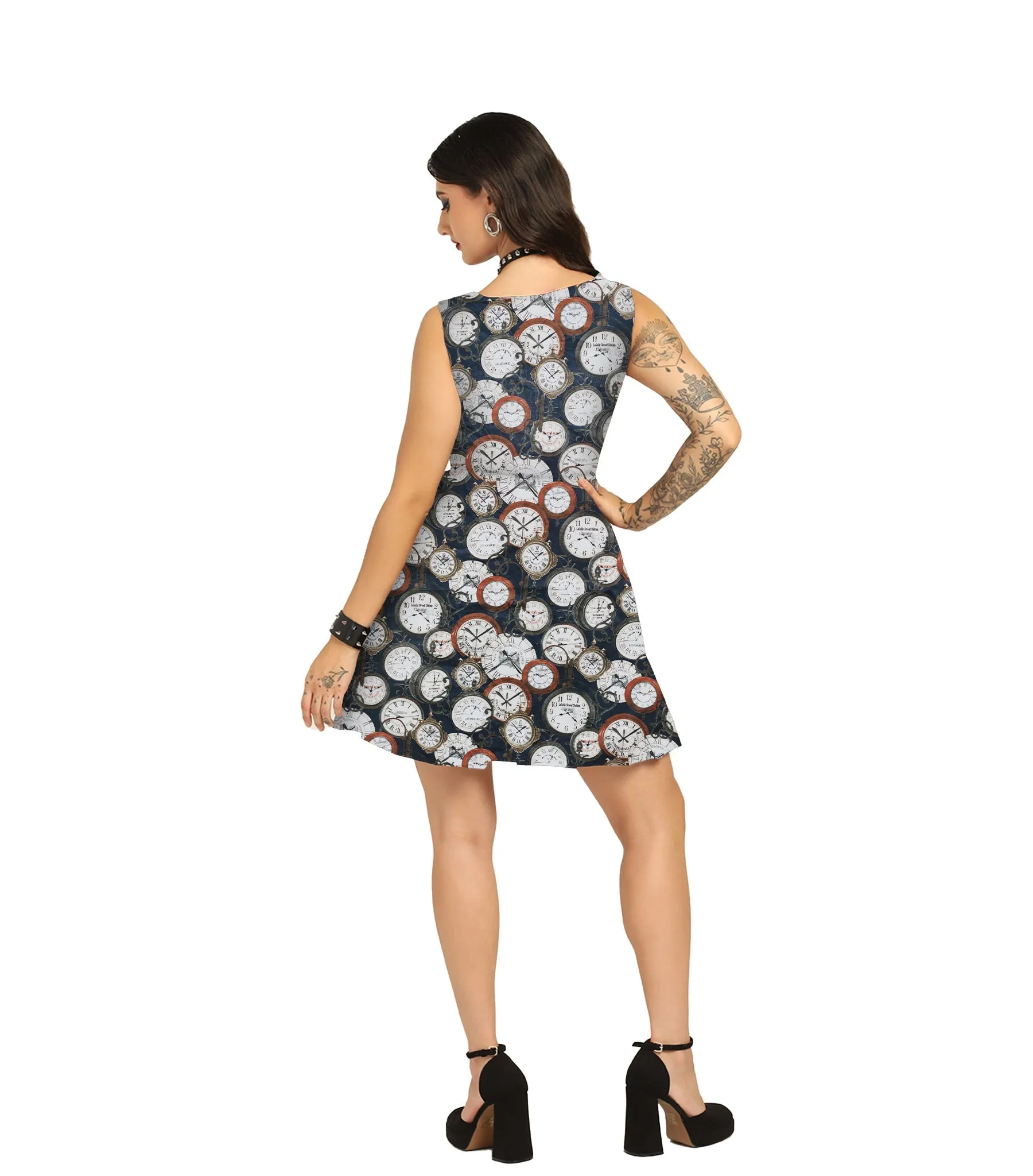 Watch Printed Charm - Trendy Pleated Cotton Dress