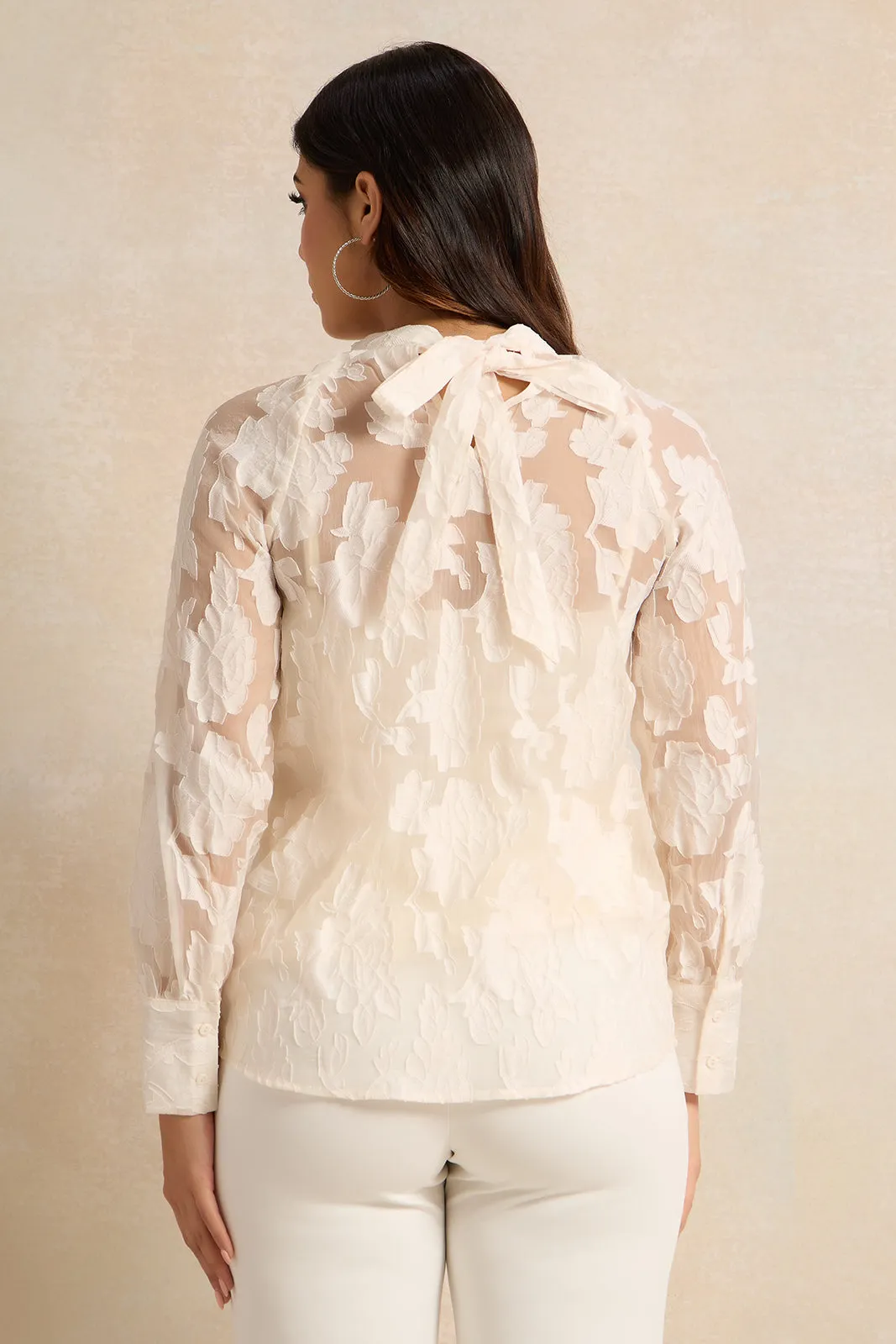 Women Cream Floral Jacquard Closed Neck Blouse