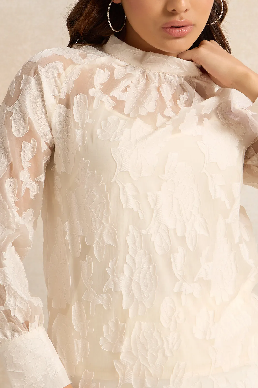 Women Cream Floral Jacquard Closed Neck Blouse