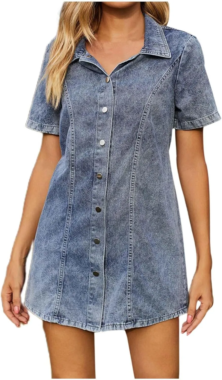 Women Denim Shirt Dresses 2025 Summer Tie Waisted Short Sleeve Distressed Jean Dresses Button Down Casual Tunic Top
