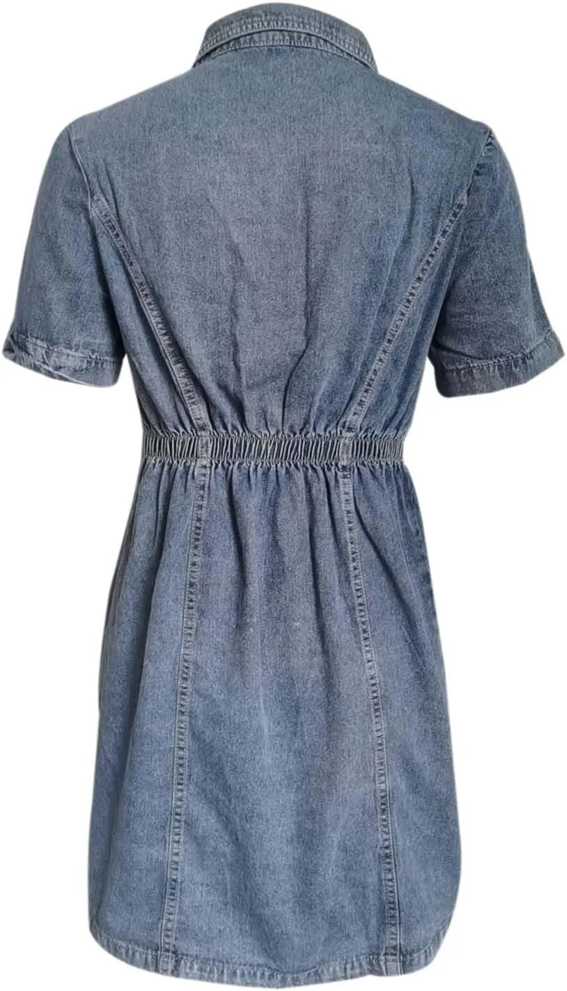 Women Denim Shirt Dresses 2025 Summer Tie Waisted Short Sleeve Distressed Jean Dresses Button Down Casual Tunic Top