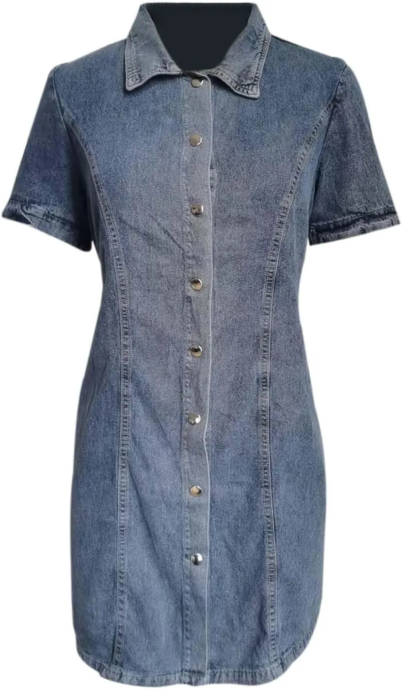 Women Denim Shirt Dresses 2025 Summer Tie Waisted Short Sleeve Distressed Jean Dresses Button Down Casual Tunic Top