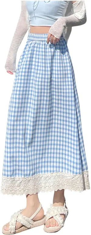 Women Plaid A-Line Swing Maxi Skirt Elastic High Waist Lace Eyelet Cute Long Skirts Summer Gingham Ruffle Skirt