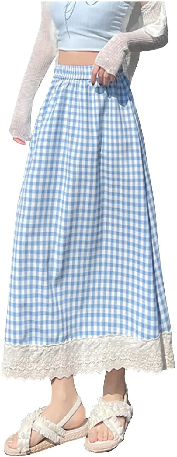 Women Plaid A-Line Swing Maxi Skirt Elastic High Waist Lace Eyelet Cute Long Skirts Summer Gingham Ruffle Skirt
