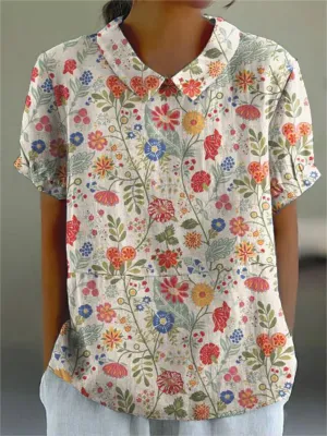 Womens Casual Shirt  Relaxed Fit  Cotton Blend  Floral Print  Short Sleeve