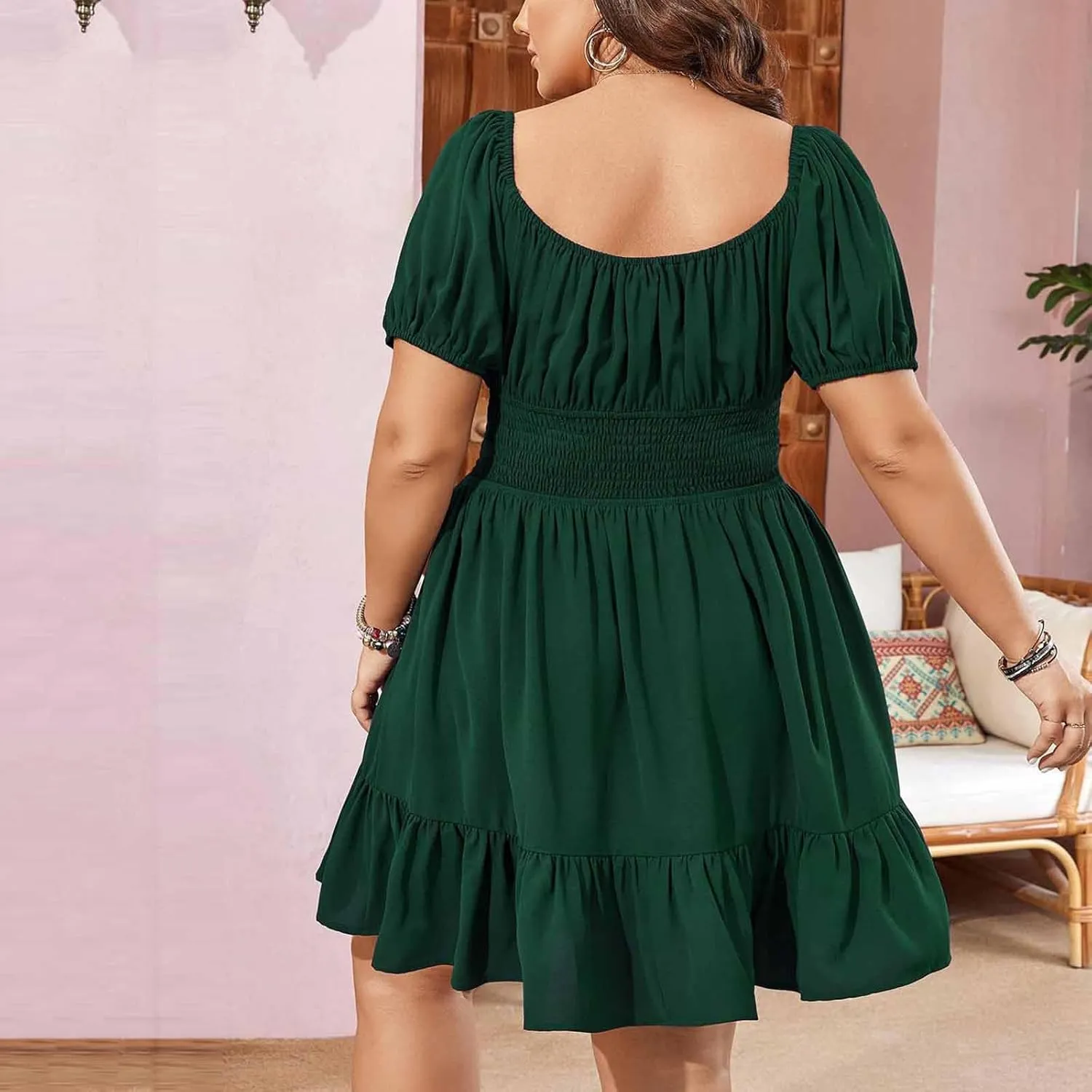 Womens Dresses Casual Summer Short Sleeve Smocked Ruffle Mini Dress Plus Size Sexy Elegant Pleated Vacation Sundress