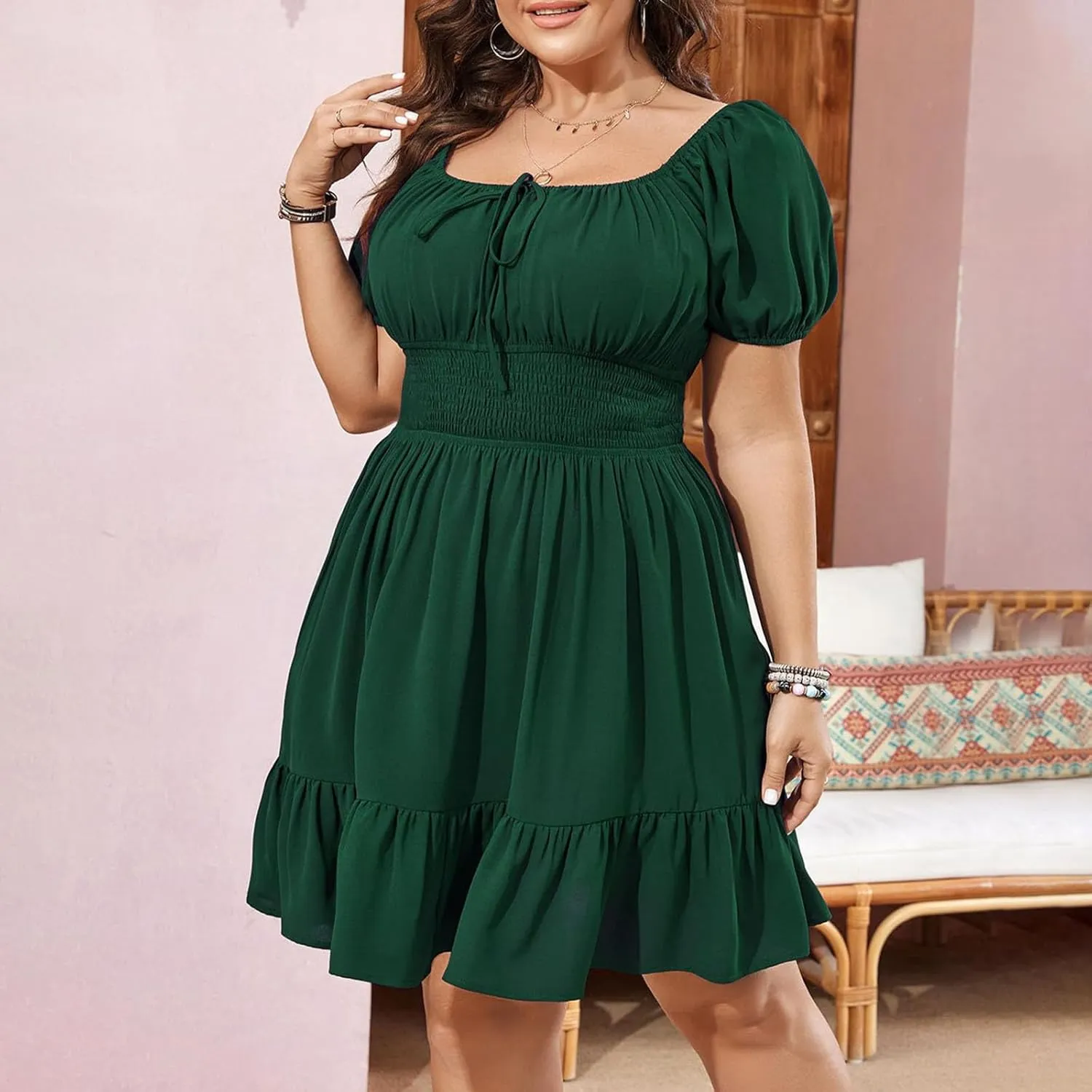Womens Dresses Casual Summer Short Sleeve Smocked Ruffle Mini Dress Plus Size Sexy Elegant Pleated Vacation Sundress