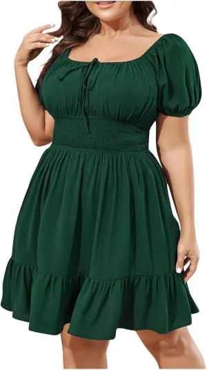 Womens Dresses Casual Summer Short Sleeve Smocked Ruffle Mini Dress Plus Size Sexy Elegant Pleated Vacation Sundress
