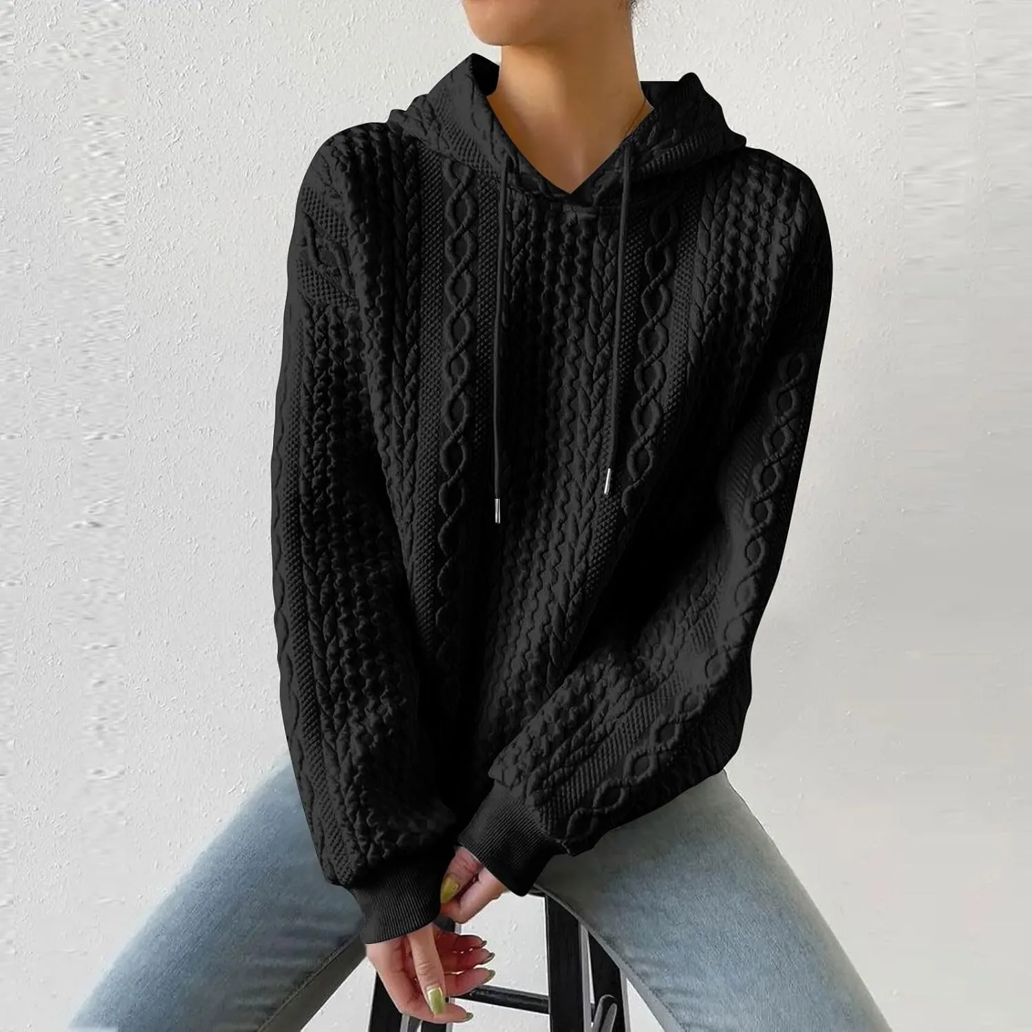 Women's Hoodie Long Sleeve Knit Solid Color Drawstring Sweatshirts 2024 Fall Winter Fashion Warm Pullover Hoodies