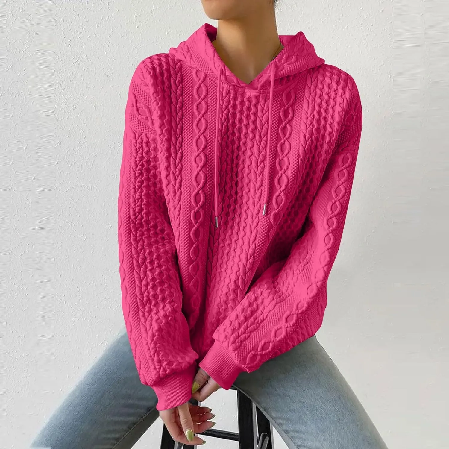 Women's Hoodie Long Sleeve Knit Solid Color Drawstring Sweatshirts 2024 Fall Winter Fashion Warm Pullover Hoodies