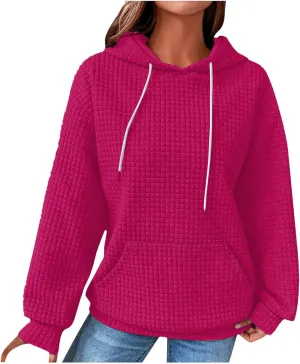 Womens Hoodies Casual Long Sleeve Drawstring Waffle Pullover Tops Loose Hooded Sweatshirt with Pocket