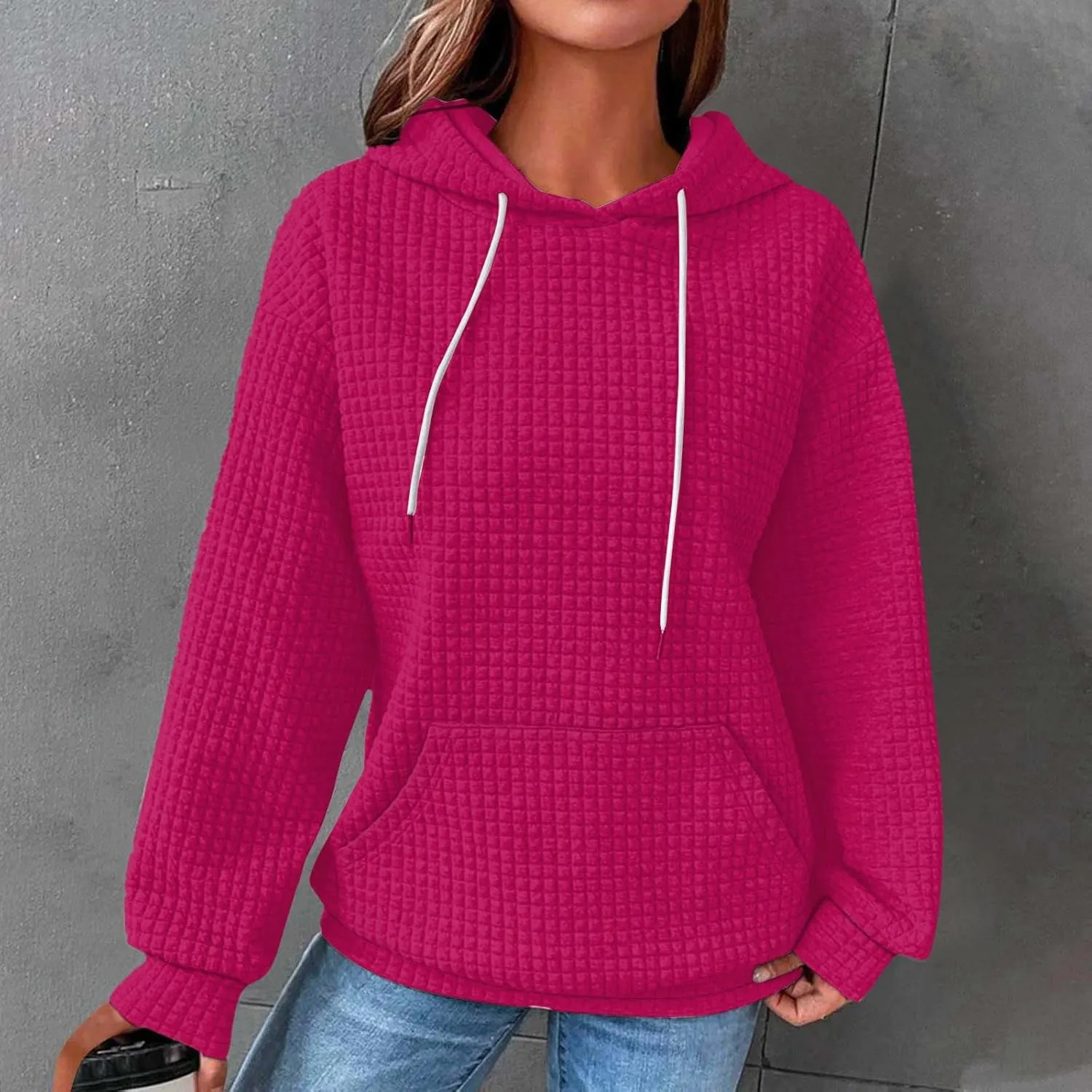 Womens Hoodies Casual Long Sleeve Drawstring Waffle Pullover Tops Loose Hooded Sweatshirt with Pocket
