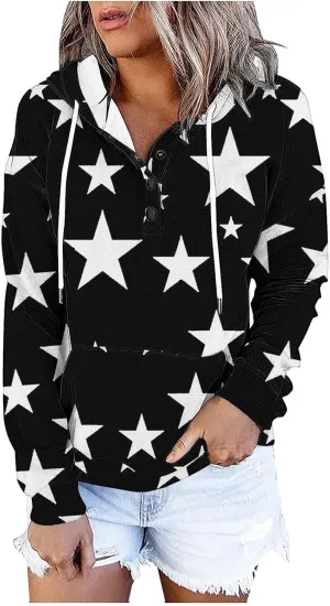 Women's Long Sleeves Hoodies Tunic Tops Fashion Printed Button up Drawstring Hooded Pullover Sweatshirt Blouse Top