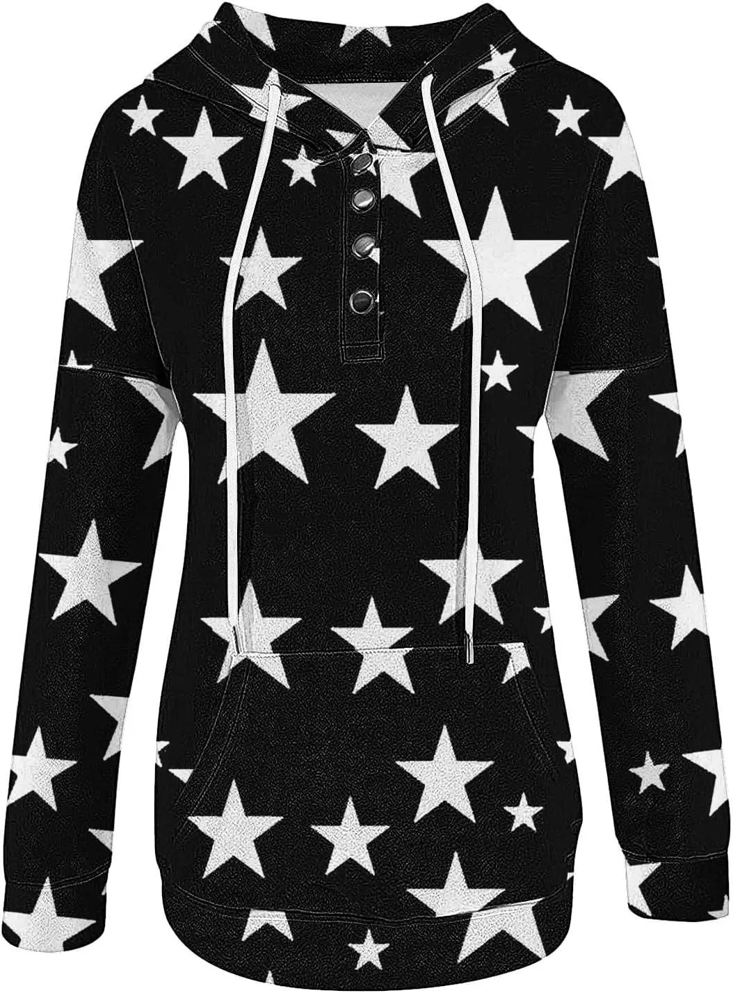 Women's Long Sleeves Hoodies Tunic Tops Fashion Printed Button up Drawstring Hooded Pullover Sweatshirt Blouse Top