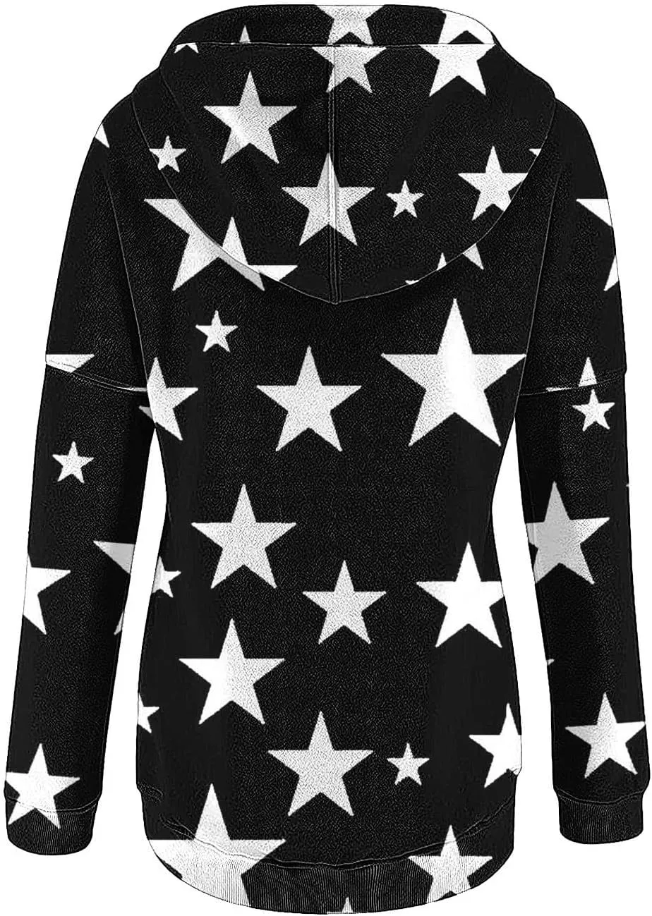 Women's Long Sleeves Hoodies Tunic Tops Fashion Printed Button up Drawstring Hooded Pullover Sweatshirt Blouse Top