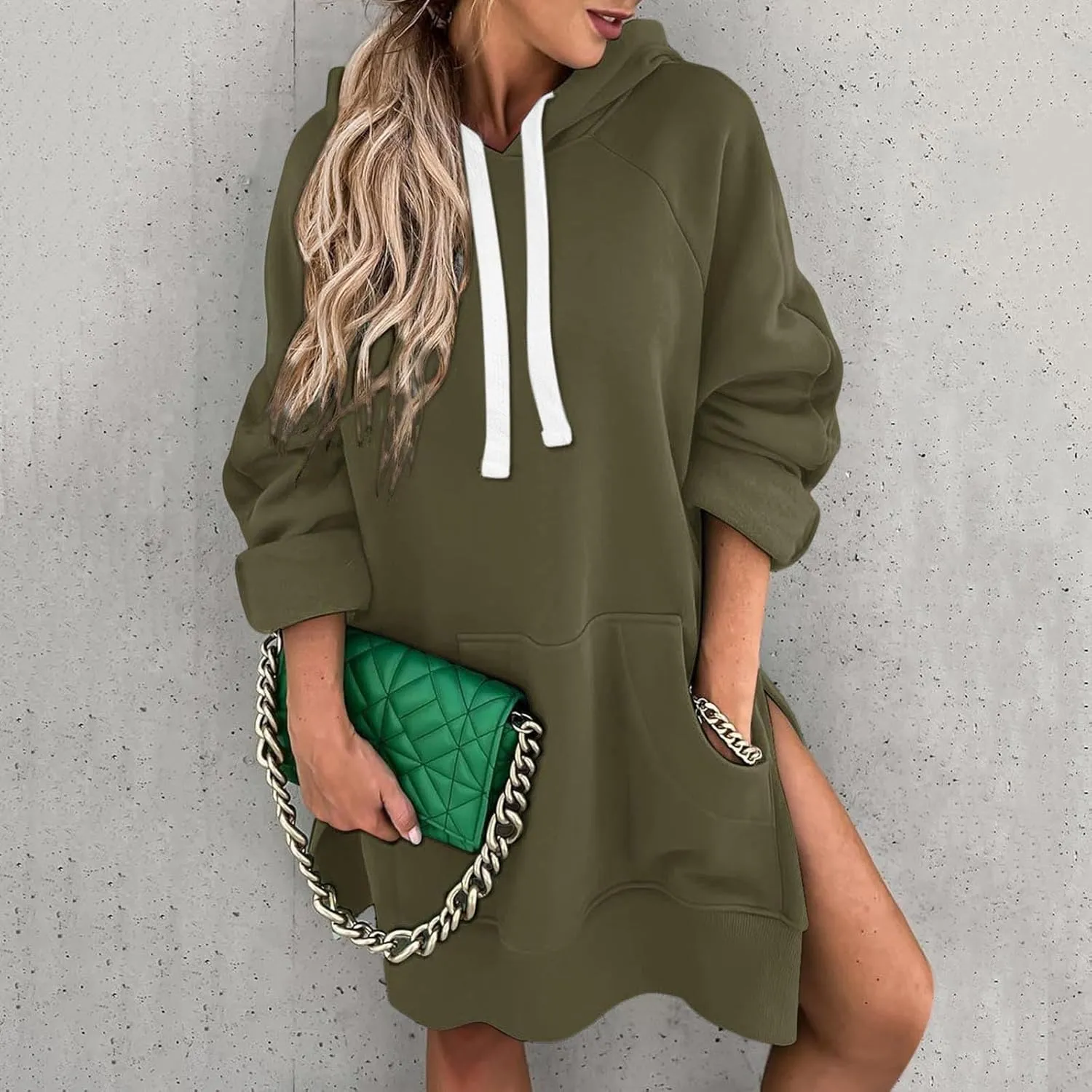 Womens Oversized Sweatshirts Hoodies Casual Long Sleeve Fleece Tops Solid Color Drawstring Pullover Split Soft Outfits