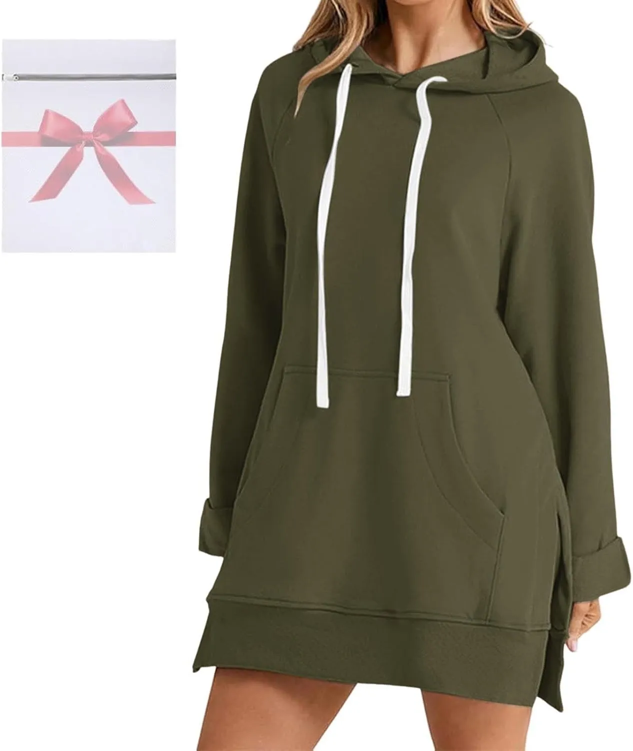 Womens Oversized Sweatshirts Hoodies Casual Long Sleeve Fleece Tops Solid Color Drawstring Pullover Split Soft Outfits