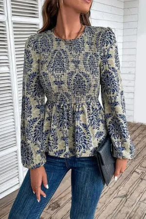Work To Vacation Smocked Long Sleeve Peplum Blouse