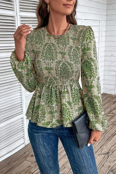 Work To Vacation Smocked Long Sleeve Peplum Blouse