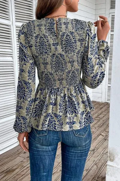 Work To Vacation Smocked Long Sleeve Peplum Blouse