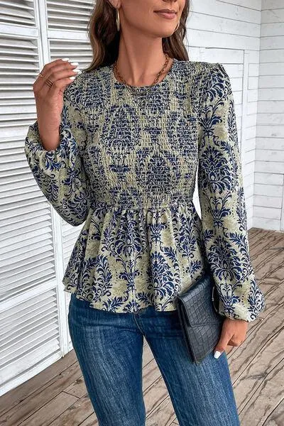 Work To Vacation Smocked Long Sleeve Peplum Blouse