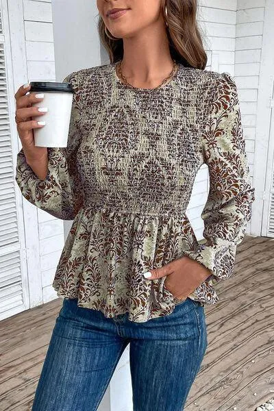 Work To Vacation Smocked Long Sleeve Peplum Blouse