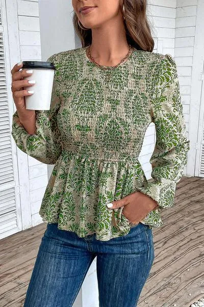 Work To Vacation Smocked Long Sleeve Peplum Blouse