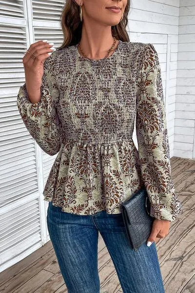 Work To Vacation Smocked Long Sleeve Peplum Blouse
