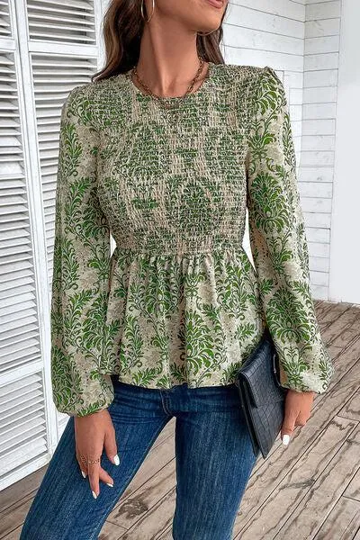Work To Vacation Smocked Long Sleeve Peplum Blouse
