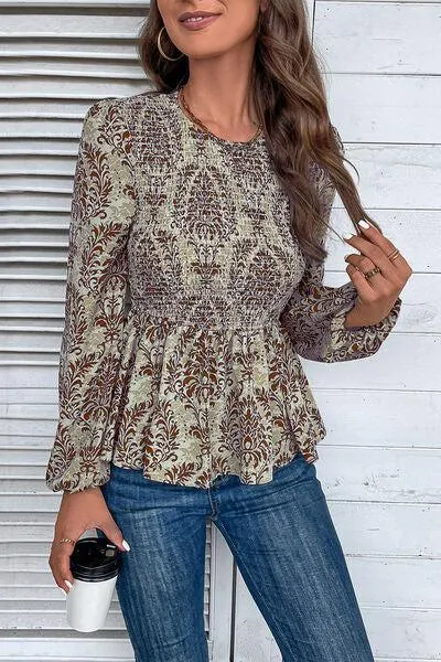 Work To Vacation Smocked Long Sleeve Peplum Blouse