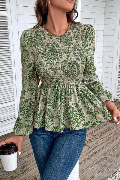 Work To Vacation Smocked Long Sleeve Peplum Blouse