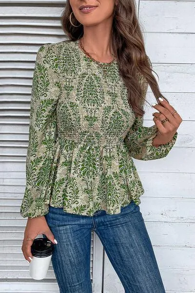 Work To Vacation Smocked Long Sleeve Peplum Blouse