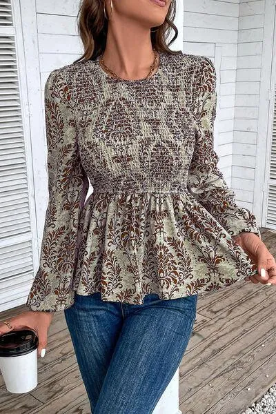 Work To Vacation Smocked Long Sleeve Peplum Blouse